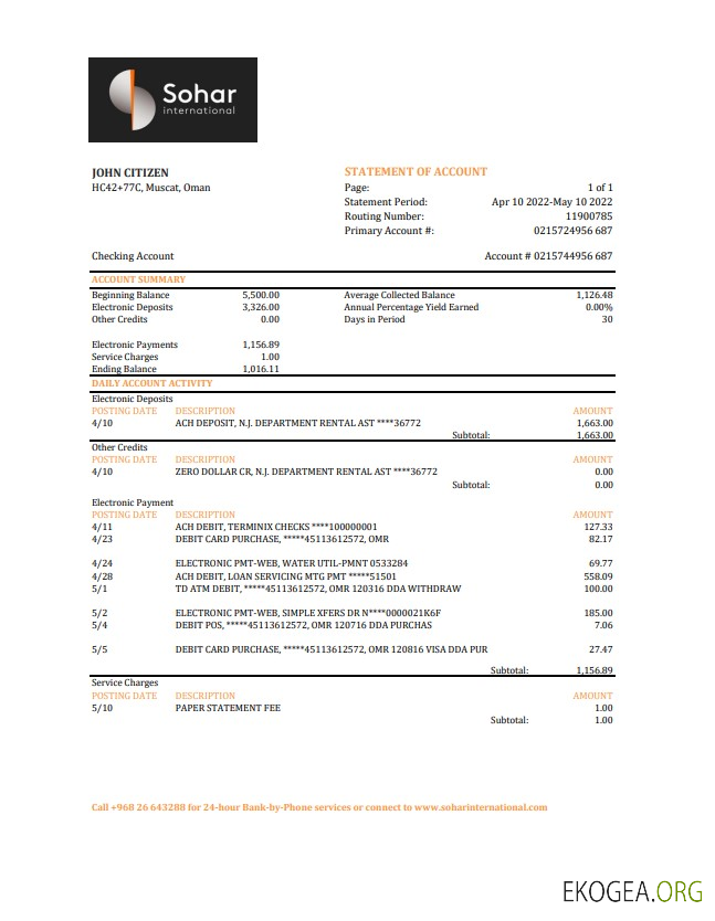 Relevé bancaire international d'Oman Sohar xls
